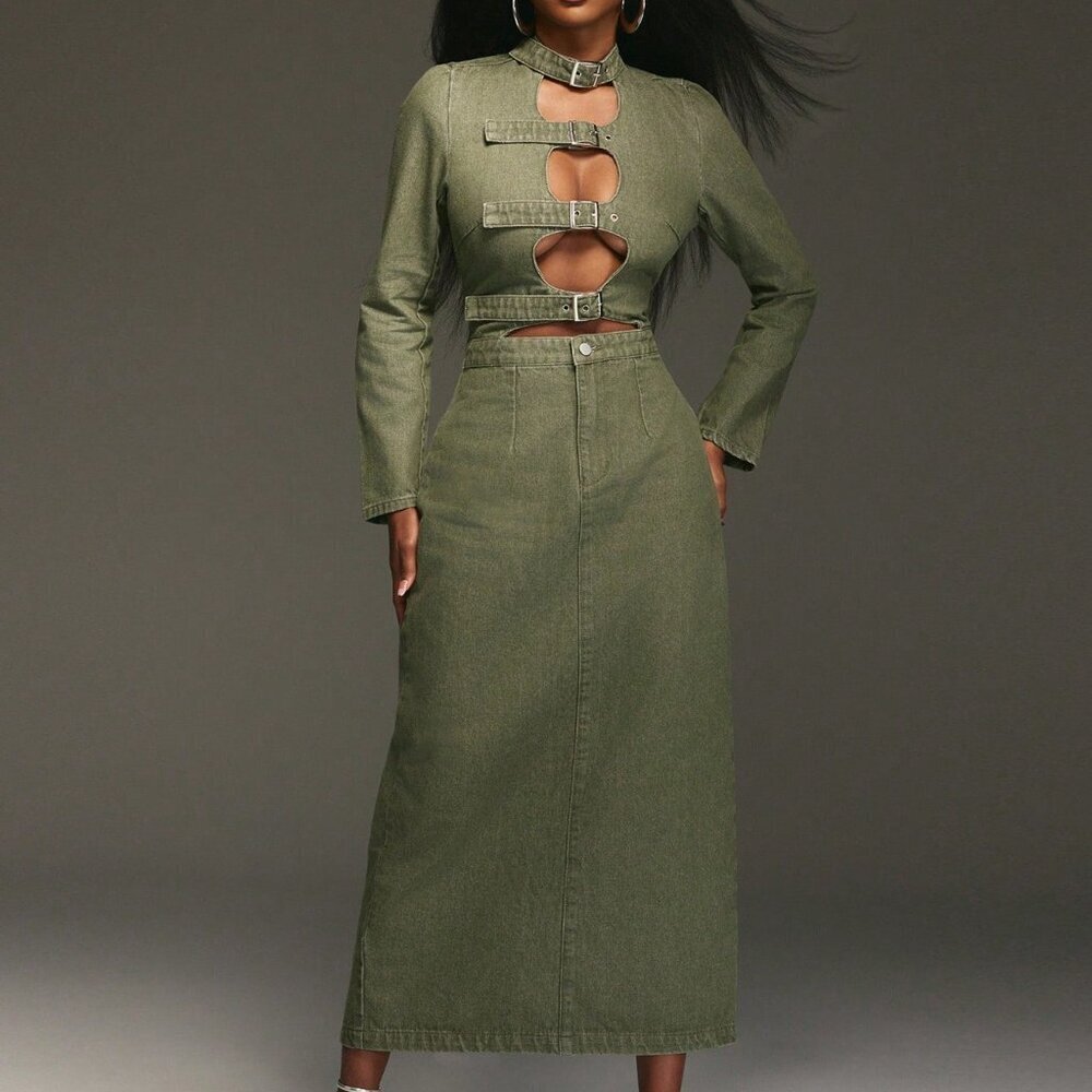 Green Casual Women's Long Sleeve Fitted Maxi Cargo Dress with Buckle Zipper